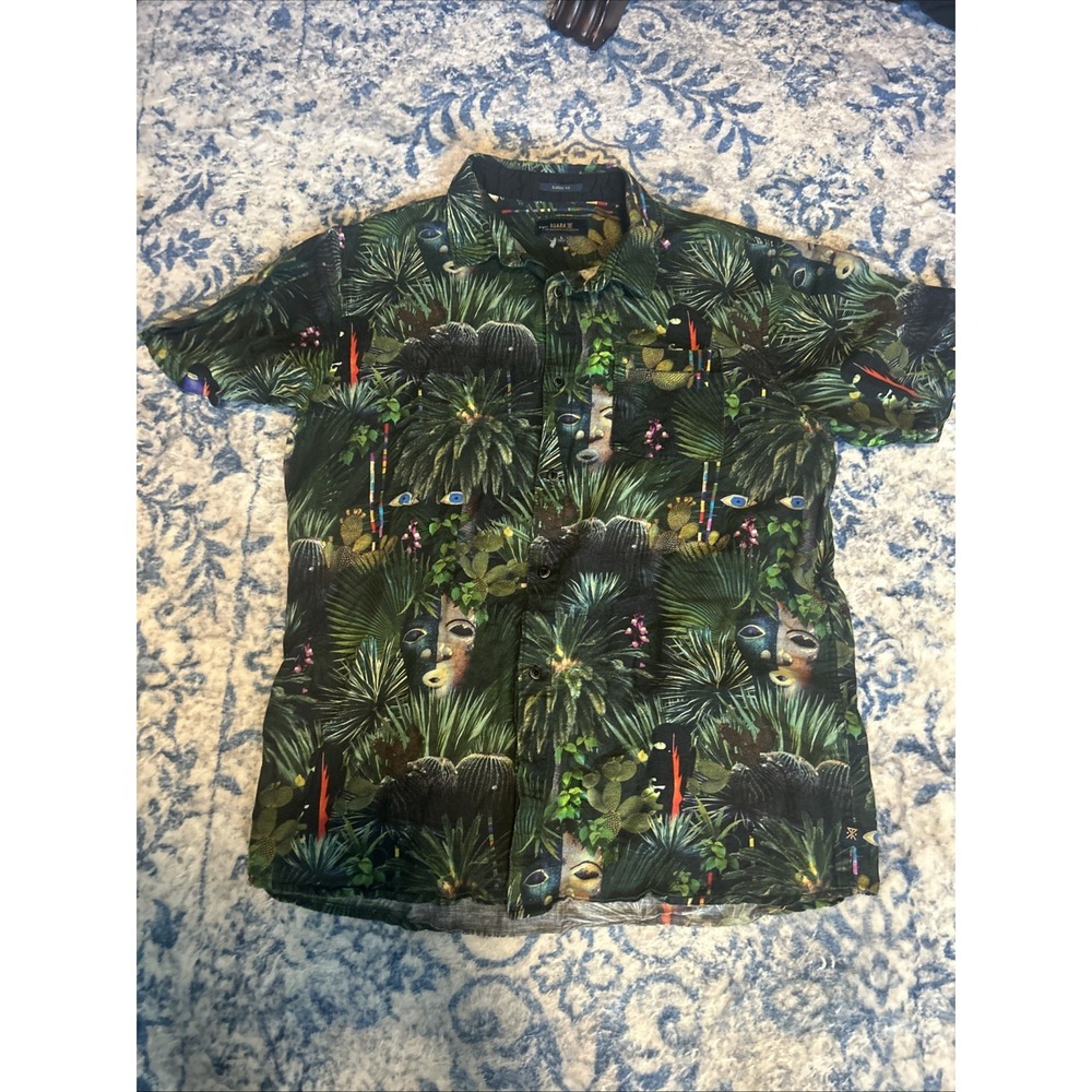 Roark Hawaiian Mask, Eyes, Tropical Cactus All over Print. Casual Button Up L